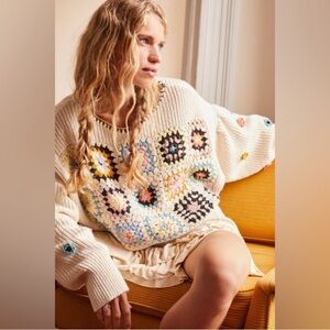 Free People Cream Multicolor Crochet Sweater